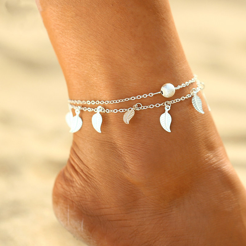 Bracelets de cheville en perles pour femmes, chaîne de cheville, style bohémien, bleu, été, pieds nus sur les jambes, sandales, coquillage sable, plage, pour filles: 80143 silver