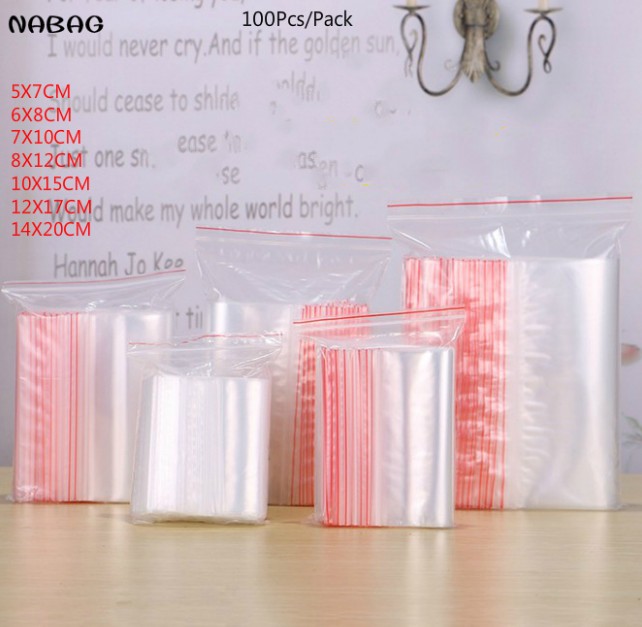 100 stks/pak Clear Self Sealing Zip Lock Plastic Opbergzakken Voedsel Opslag Verpakking Zakken 10*15 cm/8 * 12 cm/6*8 cm/5*7 cm