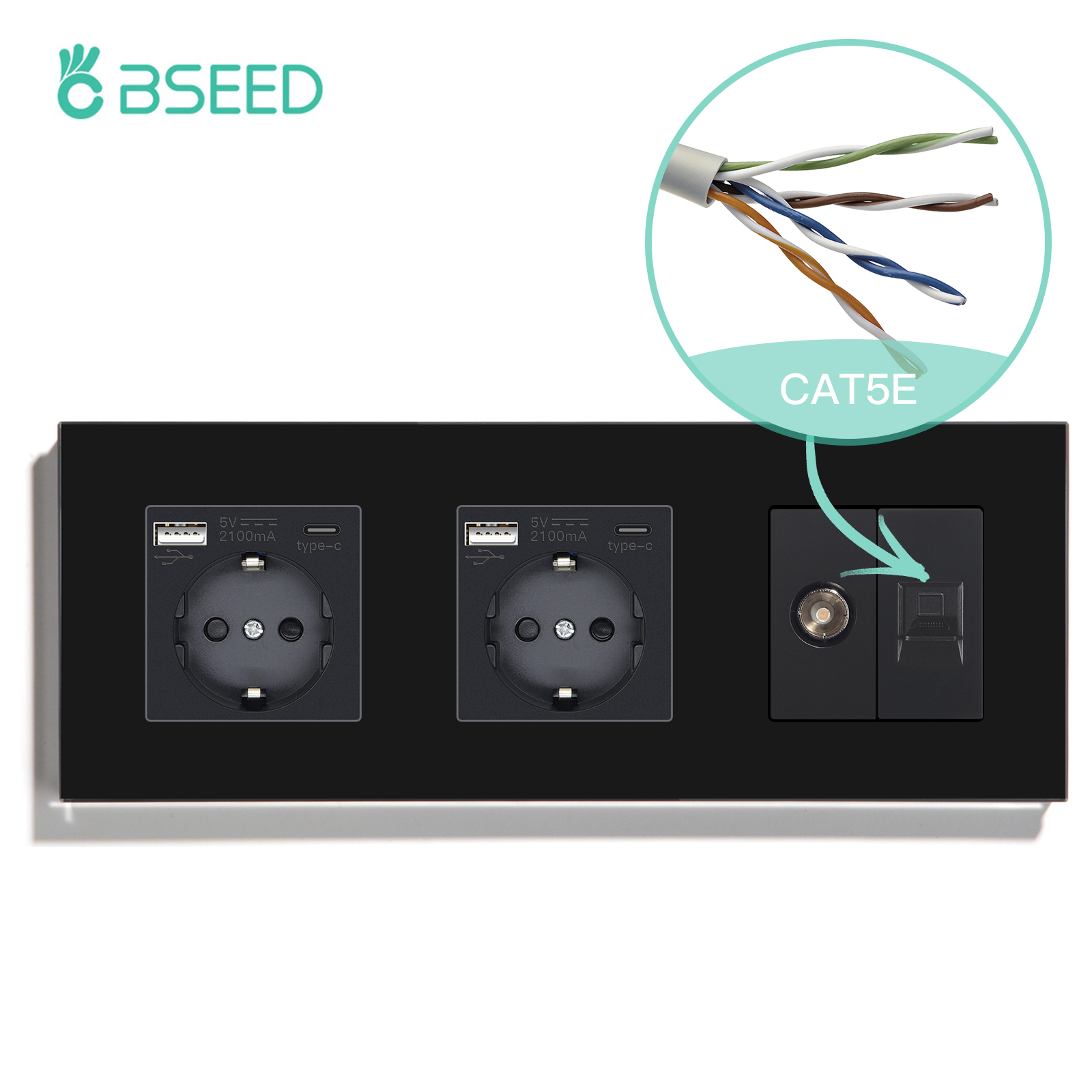 BSEED TV CAT5 With EU Socket Double Wall Sockets TV Internet RJ45 PC Connections Type-c USB Electric Sockets Glass Frame: Type4