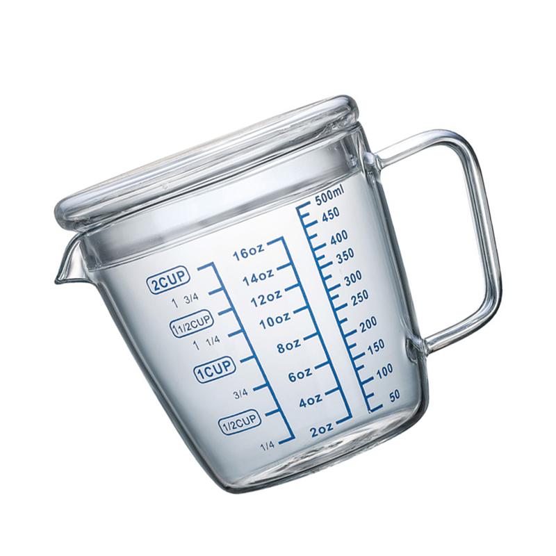 1PC Heat Resistant Glass Measuring Cup Children's Milk Cup Microwave Measuring Cup Transparent Scale Cup (500ml with Lid)