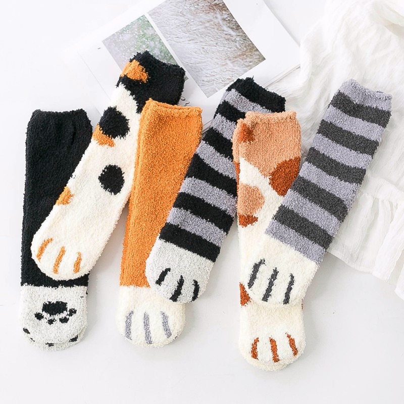 Calcetines de lana de Coral para mujer, medias de tubo Kawaii, con garras de gato, gruesos y cálidos para dormir, para otoño e invierno, 1 par, novedad