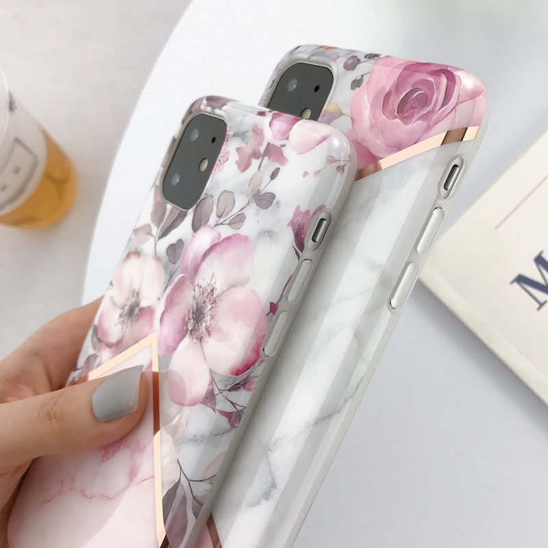 USLION Electroplate Marble Flower Phone Case For iPhone 11 Pro Max X XS XR Xs Max Cases For iPhone 6 6s 7 8 Plus Soft IMD Cover