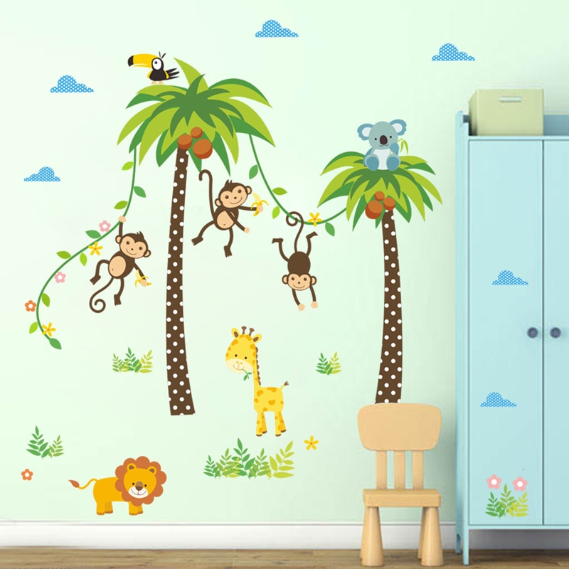 Giraff lejon apa palm träd skog djur väggklistermärken för barnrum barn sovrum väggdekaler plantskola inredning affisch
