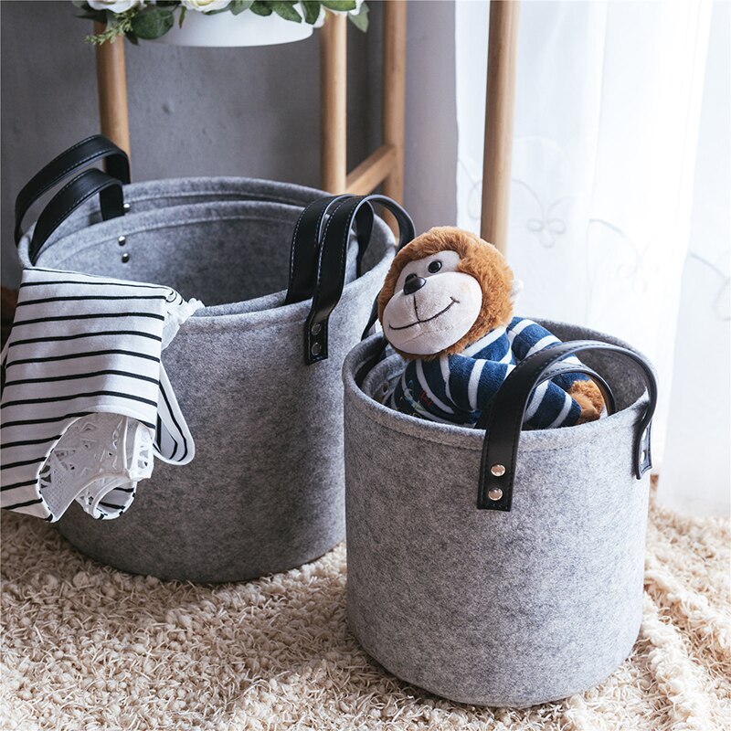 S/M/X/Xl Draagbare Grijs Ronde Wasmand Vilt Vuile Kleren Speelgoed Opslag Emmer Bin Met pu Lederen Handgrepen Thuis Organisator