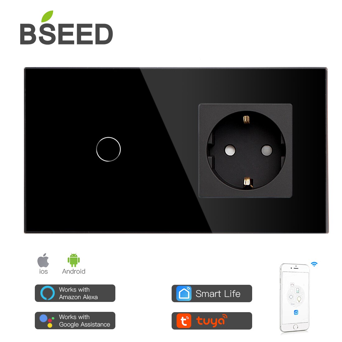 Bseed Mvava Wifi Touch Switch 1Gang 2Gang 3Gang Met Normale Eu Socket Zonder Wifi 3 Kleur Kristal glazen Paneel Smart Switch Alleen: Black 1 Gang