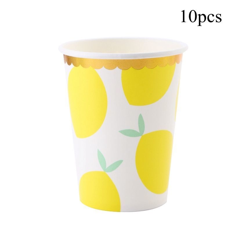 1set Lemon Themed Disposable Tableware Paper Straw/Cups/Banner for Lemon Themed Summer Pool Birthday Party Decorations: light yellow