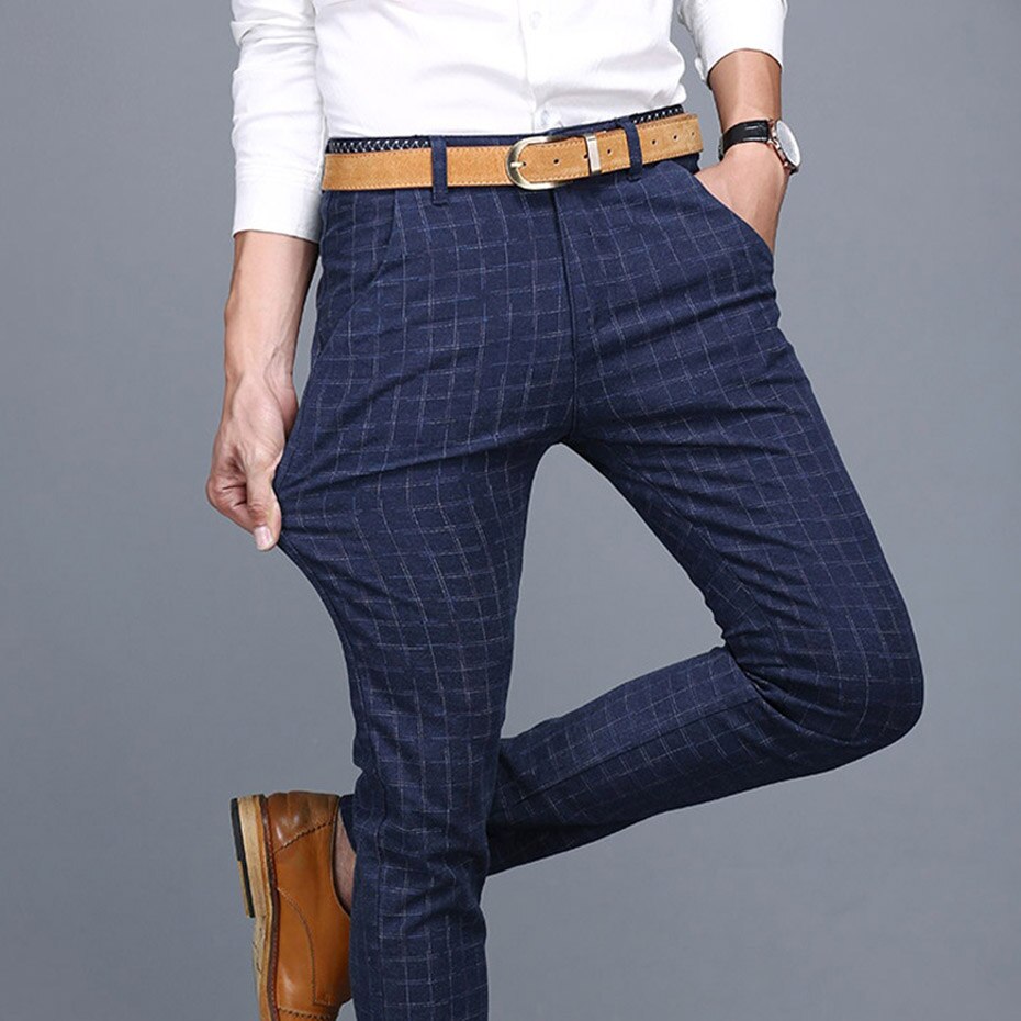 Pantalones De Vestir a cuadros para Hombre, pantalones ajustados, pantalones De verano para Hombre