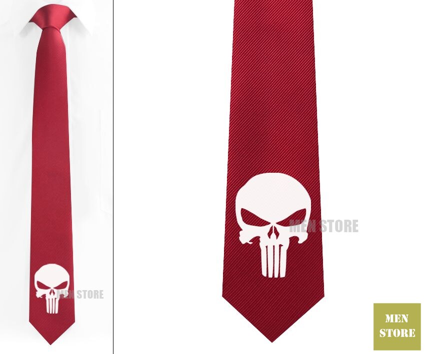 The Punisher Skull Ghost Men Jacquard Woven Skinny Narrow 2.3" Necktie 6 cm Neckwear Wedding Party Groom Tie Cufflink LK020M: Red tie White logo