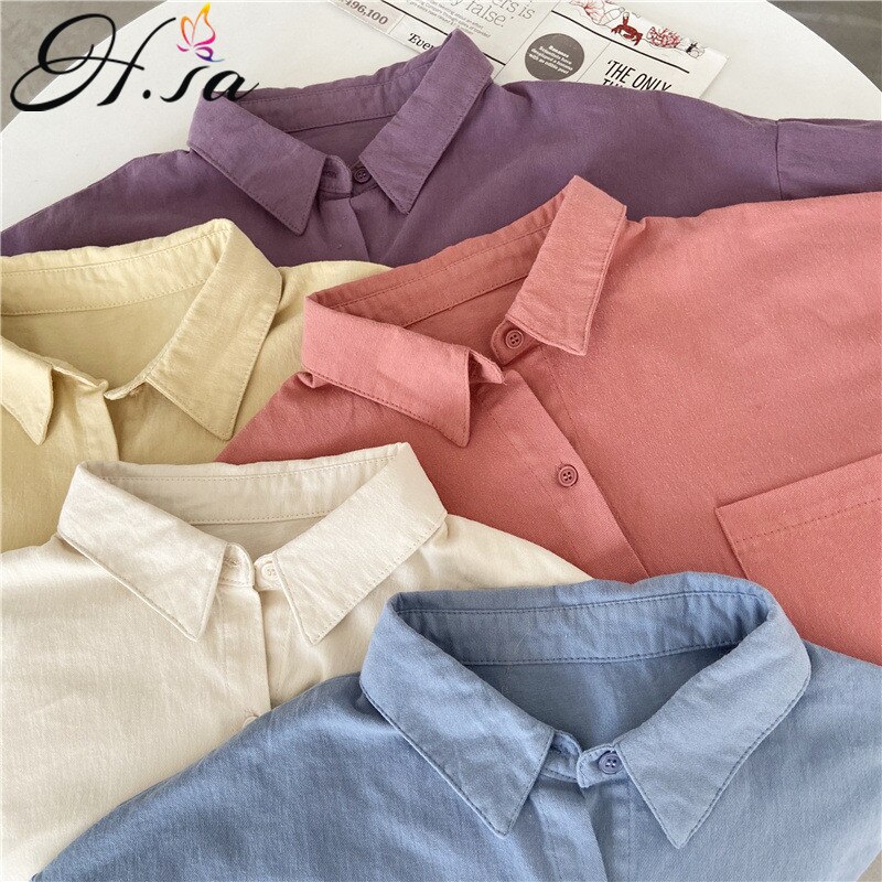 HSA Women Pure Cotton Blouses Trun Down Collar Solid Color Oversized Pocket Blusa Female Shirts Blue Spring Blusas