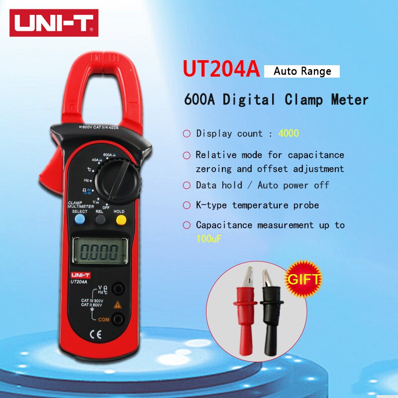 UNI-T UT204A Auto Range Digitale Klem Meter Temperatuur Test 600V Voltage Continuïteit Zoemer Power Multimeter