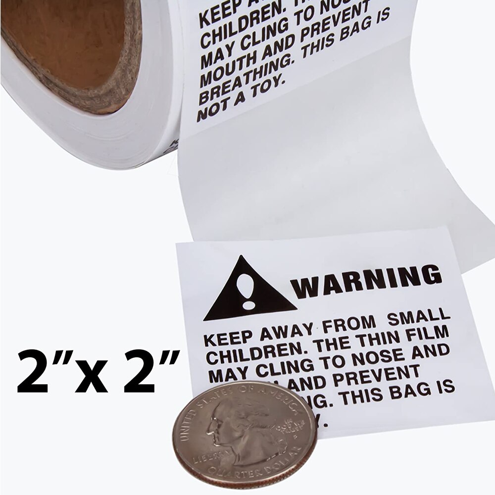 500 Labels per Roll, 2"x2" Warning Risk of Suffocation FBA Approved Pre-Printed Labels/Stickers (2" x 2") - BPA Free!
