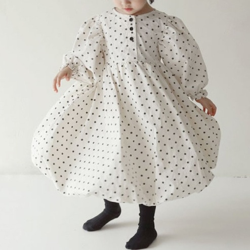 Herfst Koreaanse Kinderkleding Meisjes Mode Stippen Puff Mouwen Ronde Hals Casual Dress