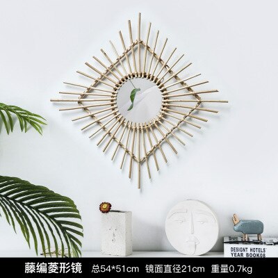 Espejo de ratán para el hogar, espejo artístico con forma de sol, espejo decorativo colgante para pared de salón, Espejos de maquillaje para habitación, decoración de pared de ratán: B