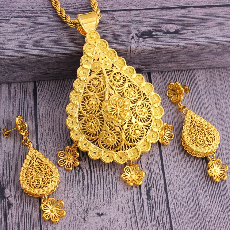Adixyn Afrikanische Große Größe Schmuck Gold Farbe Halskette/Ohrringe/Anhänger für Frauen Arabischen/Afrikanische Hochzeit/Party N08082