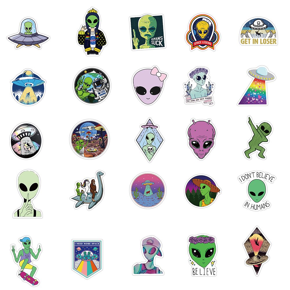 50PCS E.T UFO Alien Sticker Cosmic Space Creature Astronaut Cartoons Stickers For Fridge Skateboard Bicycle Motorcycle Car