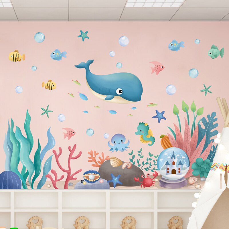 Submarine Coral Clusters Plants Wall Sticker DIY Whale Fish Wall Decals for Kids Room Baby Bedroom Bathroom House Decoration