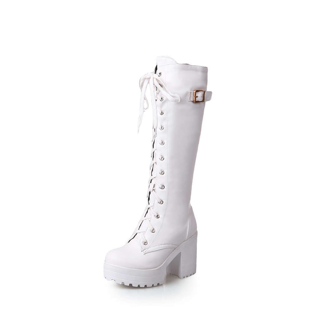 Lente Herfst Vetersluiting Knie Hoge Laarzen Vrouwen Mode Witte Vierkante Hak Vrouw Lederen Schoenen Winter Pu Grote Maat 43: WHITE / 7