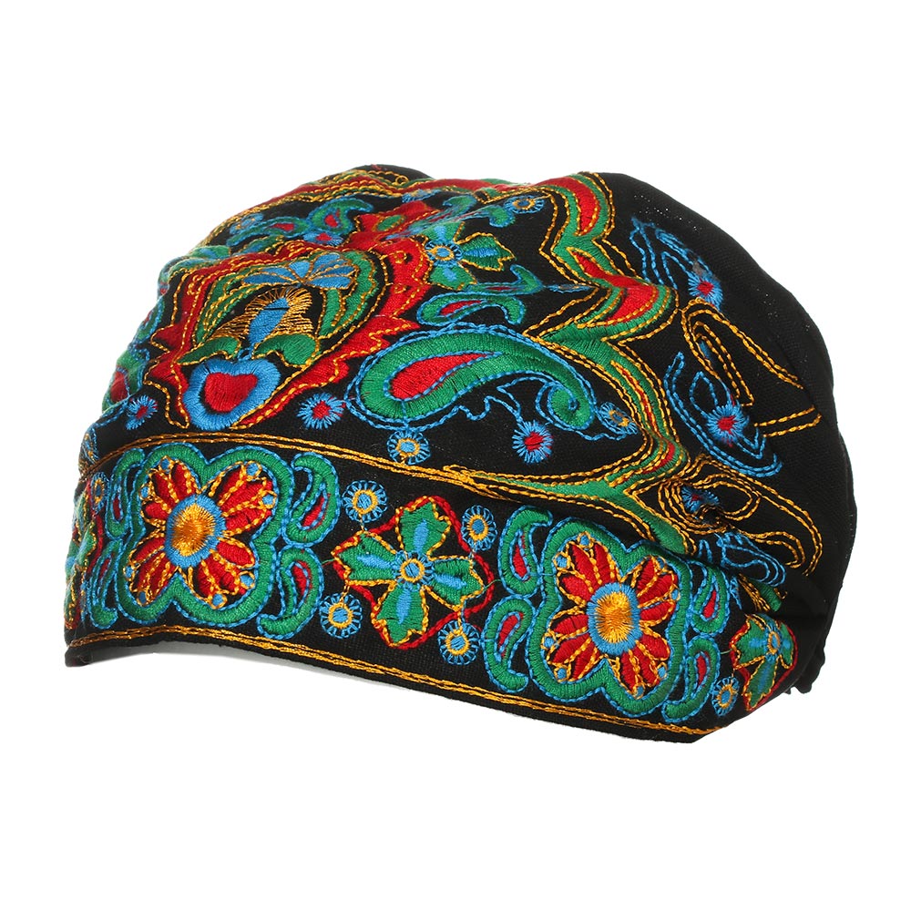 1pc kvinder broderi blomster bandanaer turban kasket etnisk rød print fedoras hatte til kvinder tilbehør mexicansk vintage stil: Sort