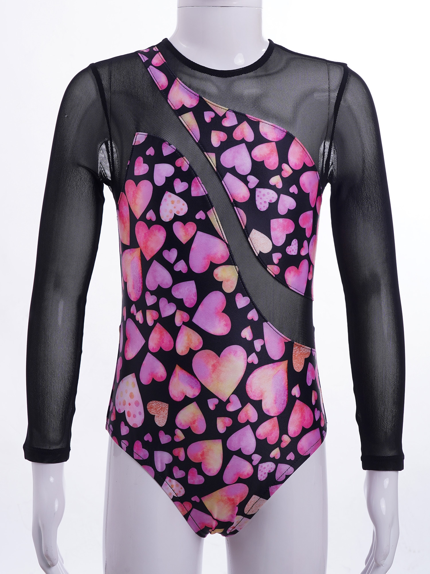 Kids Girls Ballet Leotard Long Sleeves Mesh Splice Keyhole Back Printed Gymnastic Leotards for Girl Skating Child Dance Jumpsuit