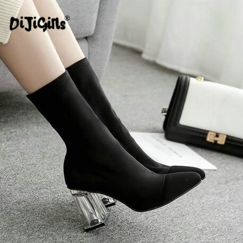 Botas de mujer Botines elásticos de Punta puntiaguda de tacón grueso zapatos de tacón alto botas de tacón transparente negras para mujer