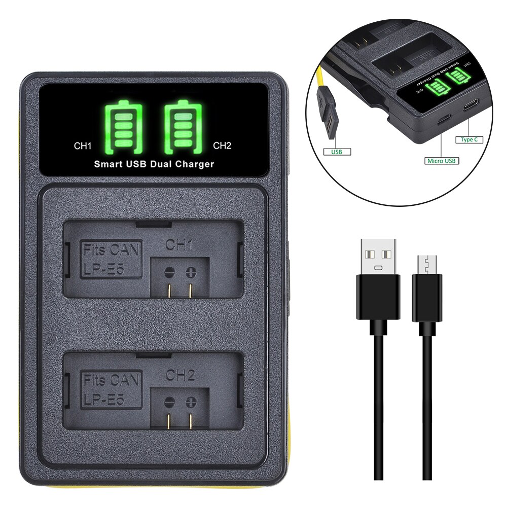 LP-E5 LPE5 Battery&amp;LED Dual Charger for Canon EOS Rebel XS, Rebel T1i, Rebel XSi, 1000D, 500D, 450D, Kiss X3, X2, F: 1 charger