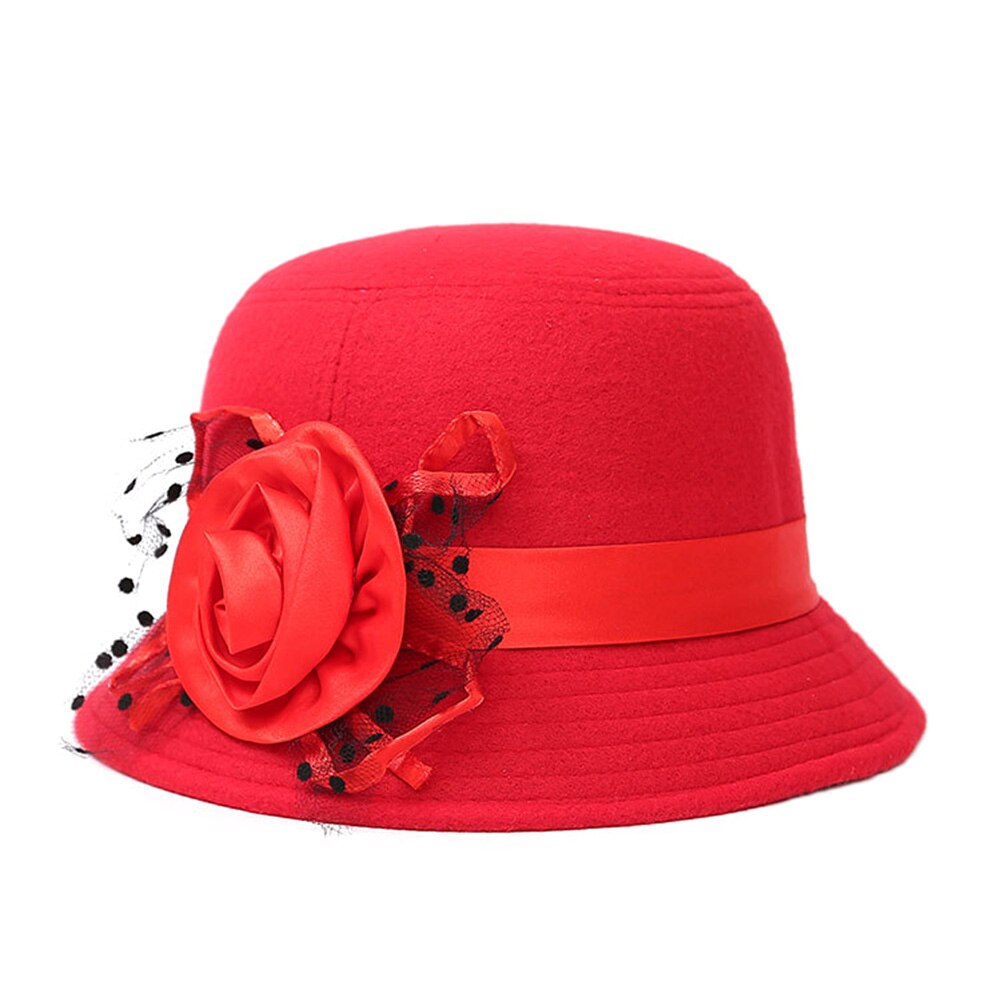 Sombrero Fedora Vintage de lana de imitación para mujer, gorra de cubo cálida, , con lazo, dg88: red