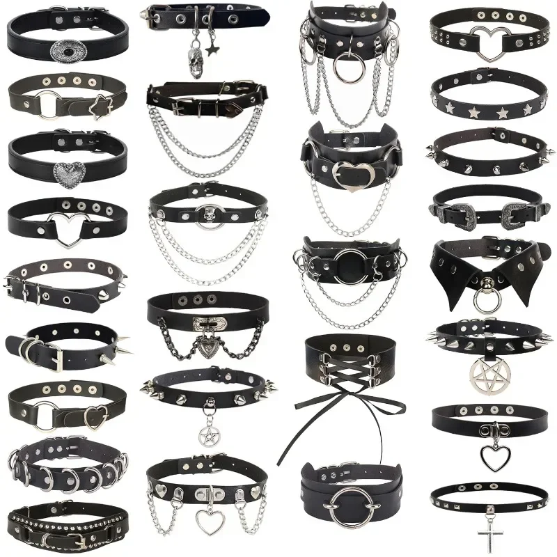 Gargantilla de cuero PU Punk para mujer, cadena de Rock Hip Hop, collar con remache de pentagrama de corazón, accesorios de joyería creativos para