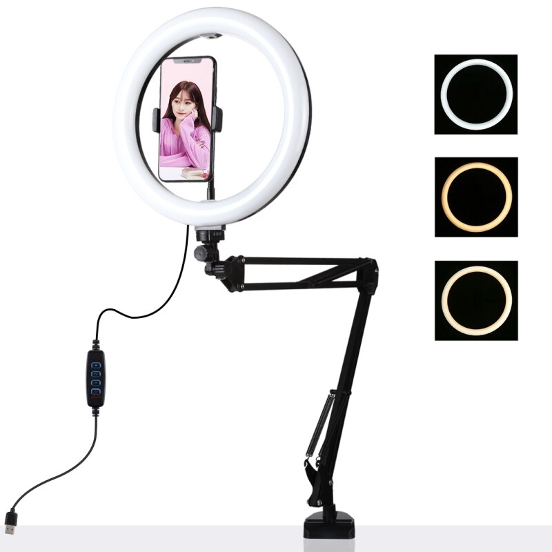 Puluz 10.2 tommer 26cm ring buet lys desktop drejearm usb 3 tilstande dæmpbar led vlogging selfie lys med telefonbøjle