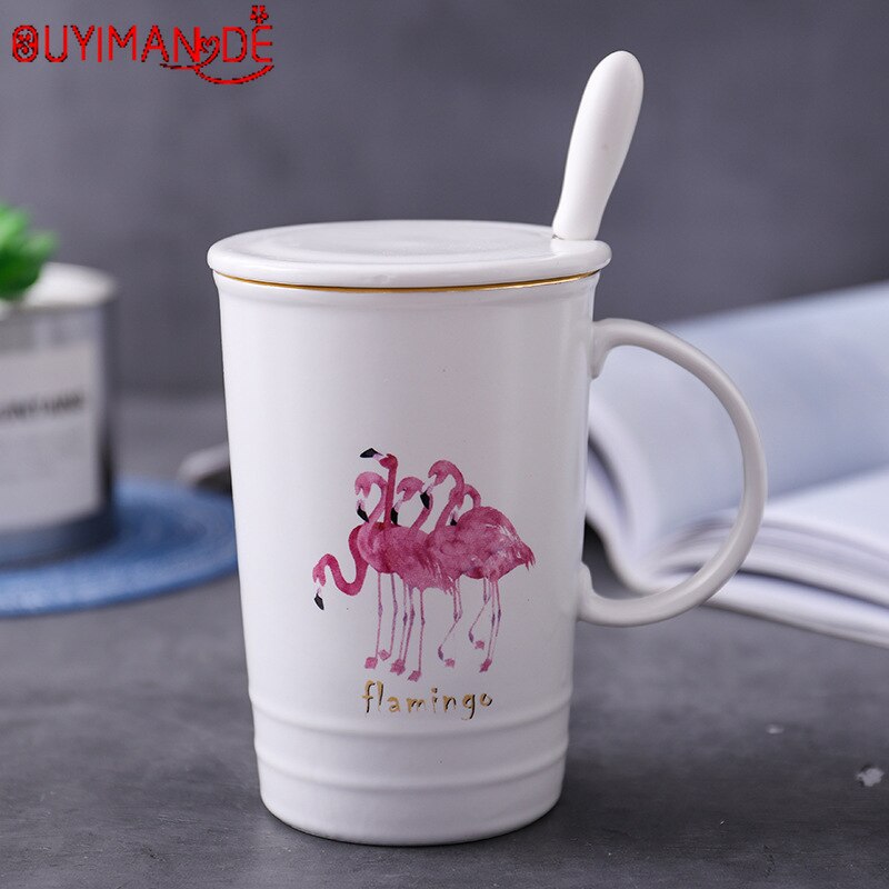Tegneserie flamingo keramik kop nordisk stil guld kaffekop med låg med ske krus simpel kontor kaffe mælkekop
