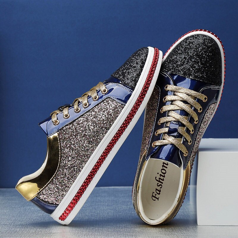 Mode Gouden Bling Spiegels Schoenen Mannen Club & Bar Schoeisel Grote Maat 45 46 Hip Hop Glitter Schoenen mannen Casual Sneakers: Golden / 42