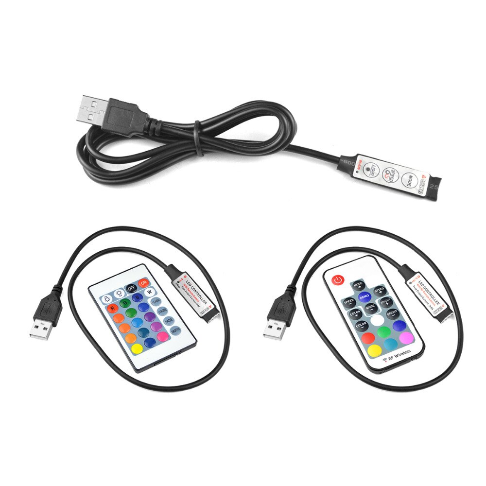 Controlador RGB USB de 5V CC Mini 3 Llaves regulador/Control Remoto IR de 24 teclas/Control remoto inalámbrico RF de 17 teclas para tira LED RGB USB