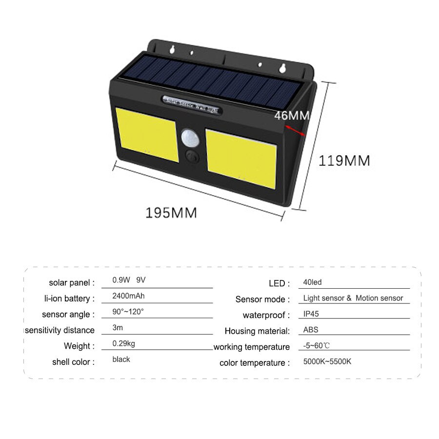 1200 mah pir bevegelsessensor solcelle led vegglampe 20 40 lysdioder  ip65 utendørs veranda lys automatisk av/på hage garasje sikkerhetsbelysning: Rgb