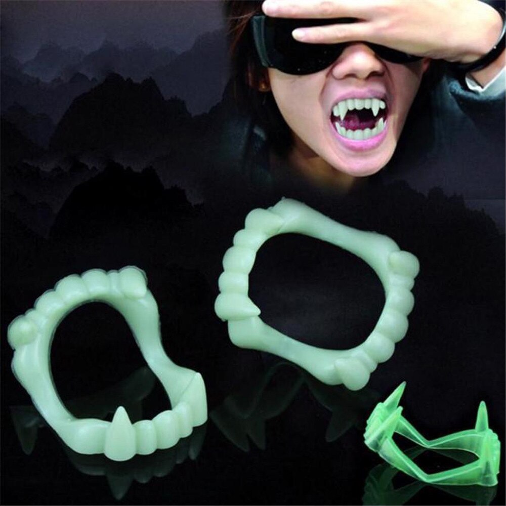 2Pcs Devil Tooth Fangs Halloween Decorative Vampire Luminous Dentures Halloween Novel Decoration Horror Tooth Costume Supply