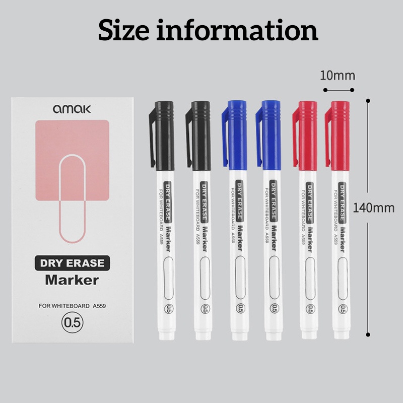 6 Stuks Fijne Tip Droog Wissen Markers Set 0.5/0.7/1.0mm Dunne Whiteboard Pennen Zwart Blauw Rood uitwisbare Markers voor Onderwijs Kantoor