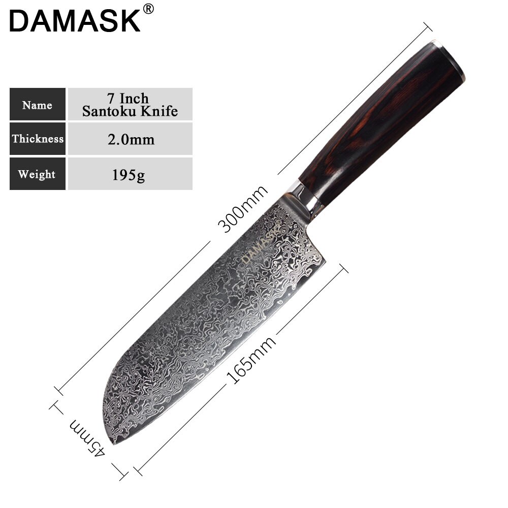 DAMASK Santoku Damascus Steel Knife High Hardness G10 Color Wood Handle Japan Kitchen Knives Meat Cleaver Slicing Chef Knives: 7 inch Santoku