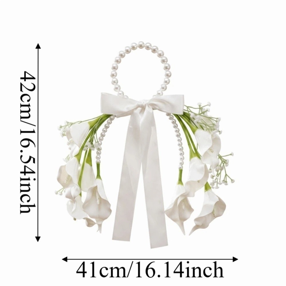 Perlenbesetzter Brautstrauß mit Satinschleife, Weiße Blüzehn, Hochzeitsblumen aus Kunstmaterial, Leichtgewichtiger Tragegriff-Strauß