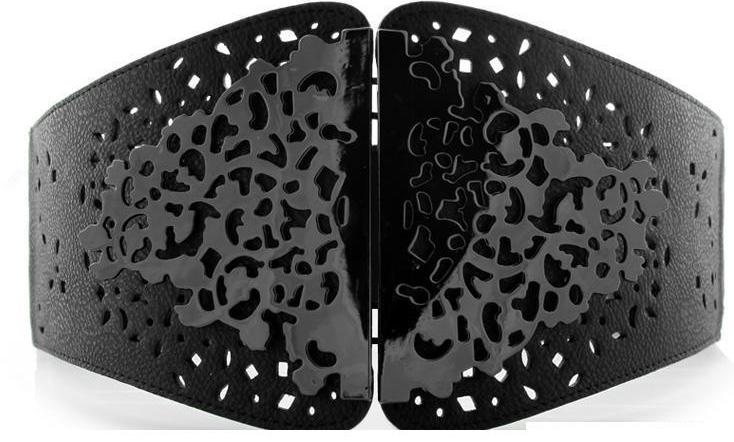 Korean Women Female Hollow Out Metal Buckles Pu Leather Patchwork Elastic Waist Belt , Black Wide Waistand For Woman: black