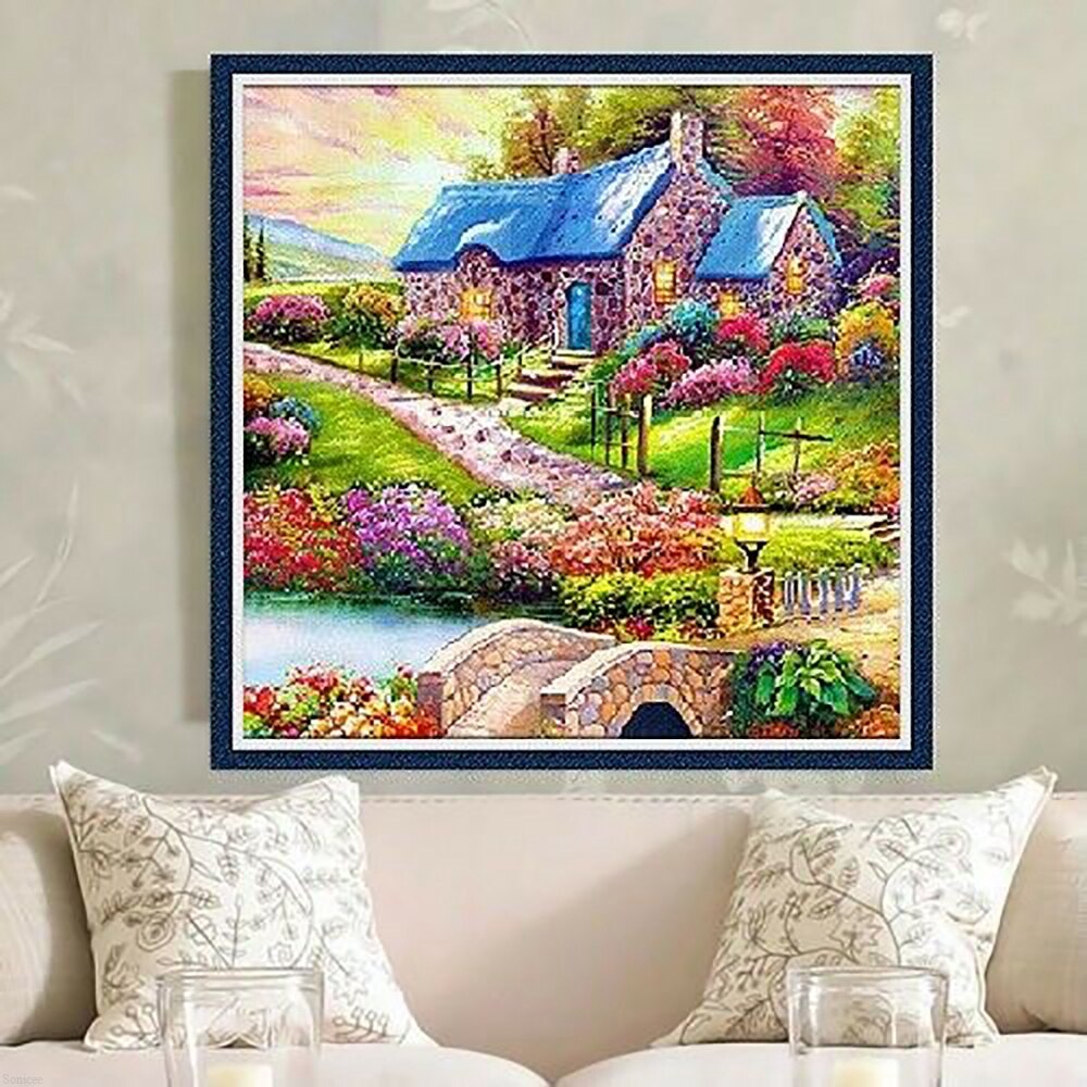 Beautiful Village Full Drill 5D Diamond Painting Colorful Trees House Flowers Bridge Road Embroidery Cross Stitch DIY Paint 2