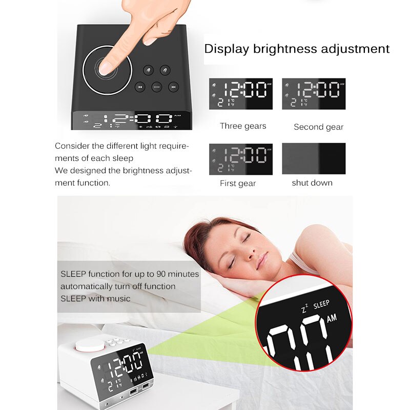 LED Digital Dual Alarm Spiegel Uhr Drahtlose Bluetooth Bass Lautsprecher FM Radio + 2 USB Ladegerät Häfen Musik Schlummern temperatur