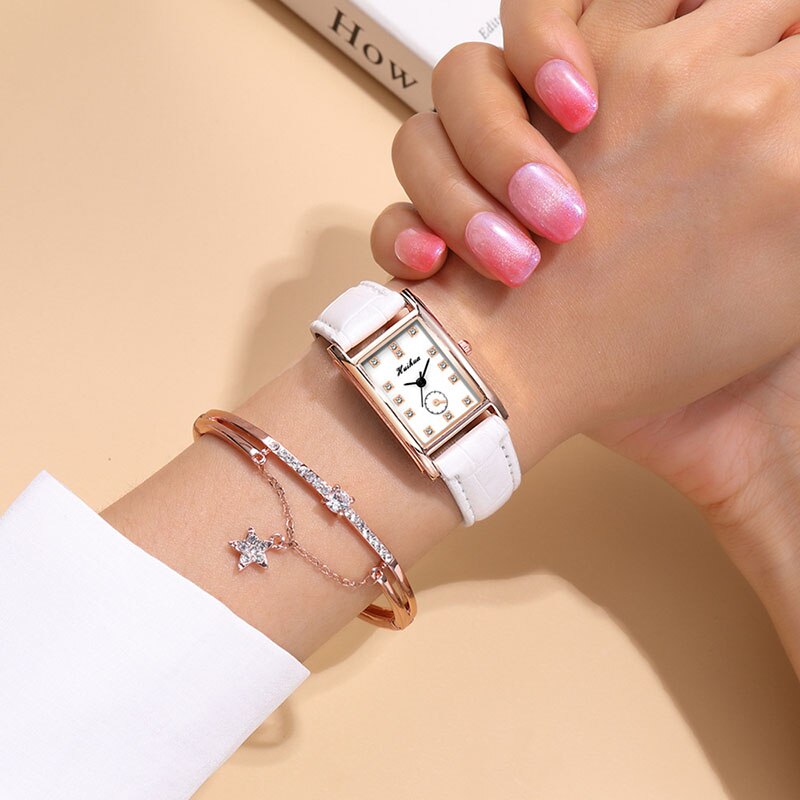 Reloj de correa de cuero fino para mujer, pulsera de mano rectangular con diamantes de imitación, a la , para estudiantes