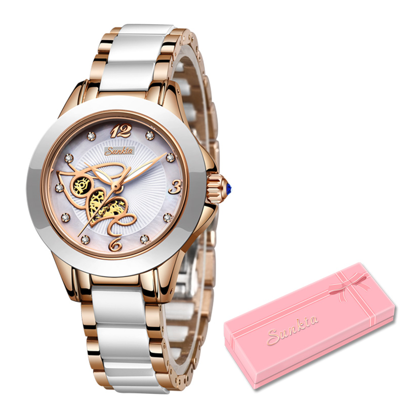 SUNKTA Luxe Vrouwen Horloges Zwarte Keramische Diamant Dameshorloge Waterdicht Quartz Horloge Relogios Femininos Klok: Goud