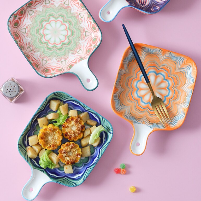 Bohemian Style Single Handle Square Baking Tray Ceramic Plate Household Dishes For Kitchen Utensils