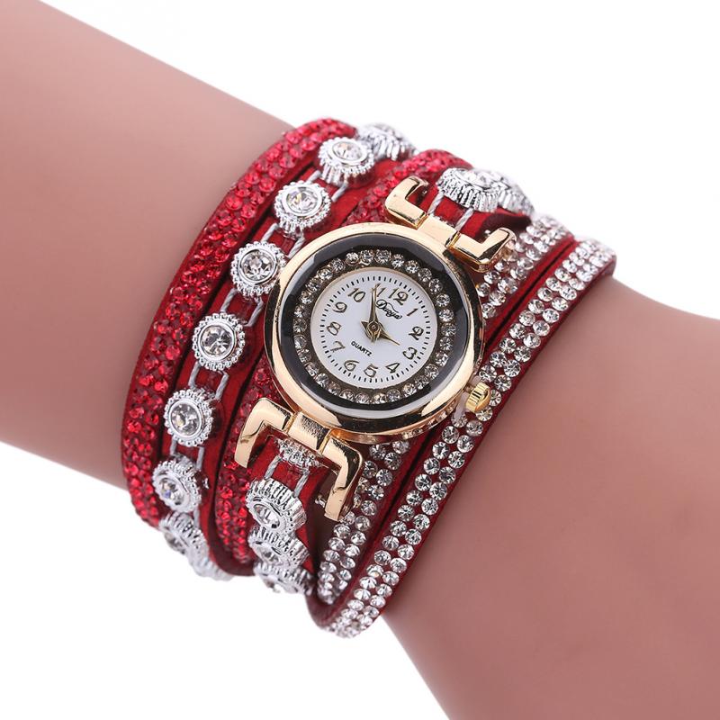 Women Leather Bracelet Watch Casual Rhinestone Quartz Bracelet Watches Ladies Watches 6 Colors Optional: Red