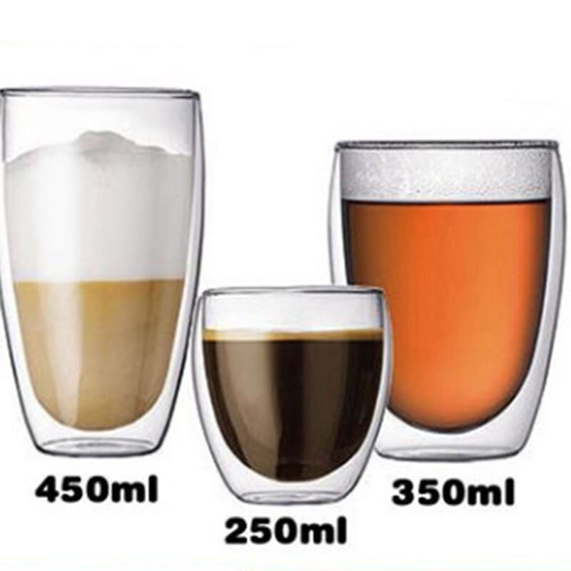 1pc dobbeltvægget glas kaffekrus varmebestandigt 150-450ml klart isoleret termisk te vand kop drikkevarer