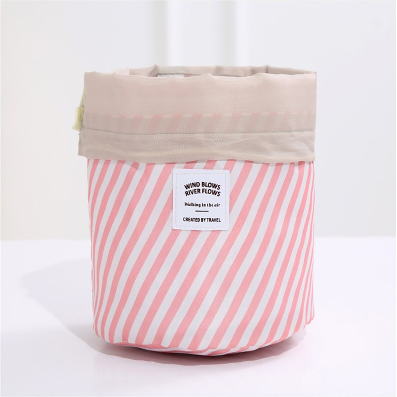 Women makeup bag Drawstring Cosmetic Bag Round Travel Organizer Make Up Case Storage Pouch Toiletry Beauty Kit Necessaries: Pink stripe