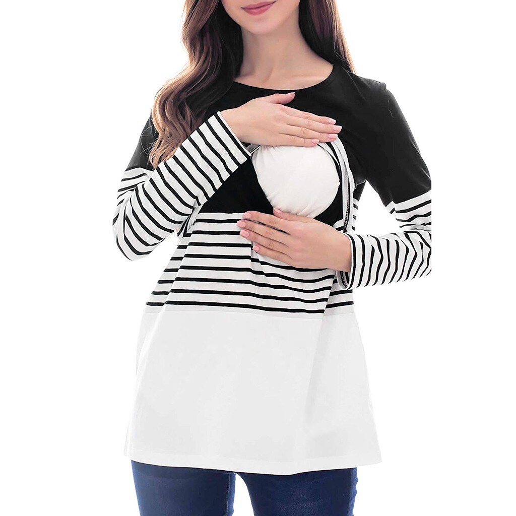 Maternity Blouses And Tops For Pregnant Long Sleeve Maternity Blouse Striped Nursing Tops T-shirt For Breastfeeding Clothes Y824