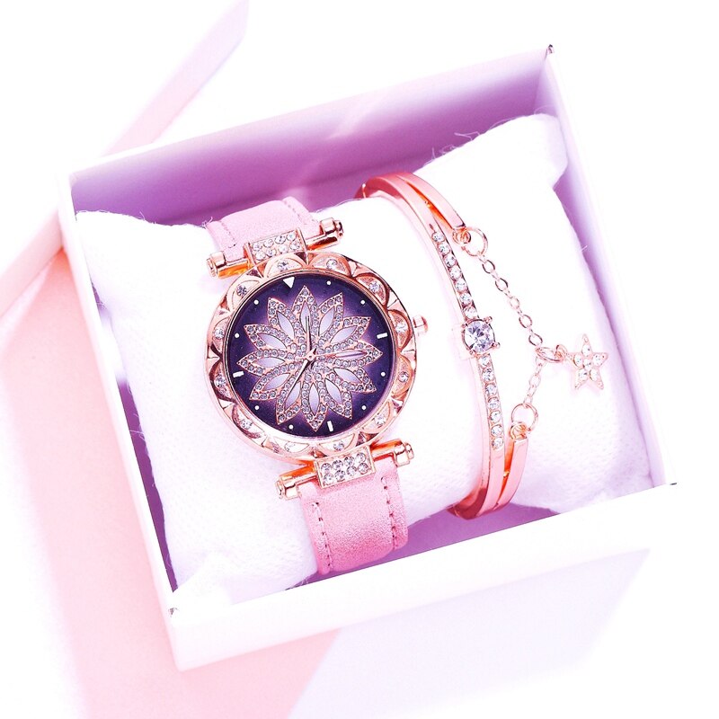 Frauen Uhr Armband 2 stücke Set Starry Sky Damen Armband Uhr Casual Leder Quarz Armbanduhr Uhr Relogio Feminino: Pink Watch Bracelet