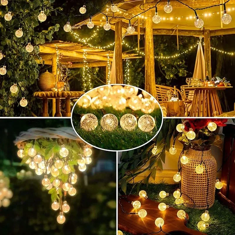 Guirnalda de luces LED con bola de cristal Solar para exteriores, resistente al agua, 8 modos de iluminación para jardín, patio, , Navidad, decoración de boda