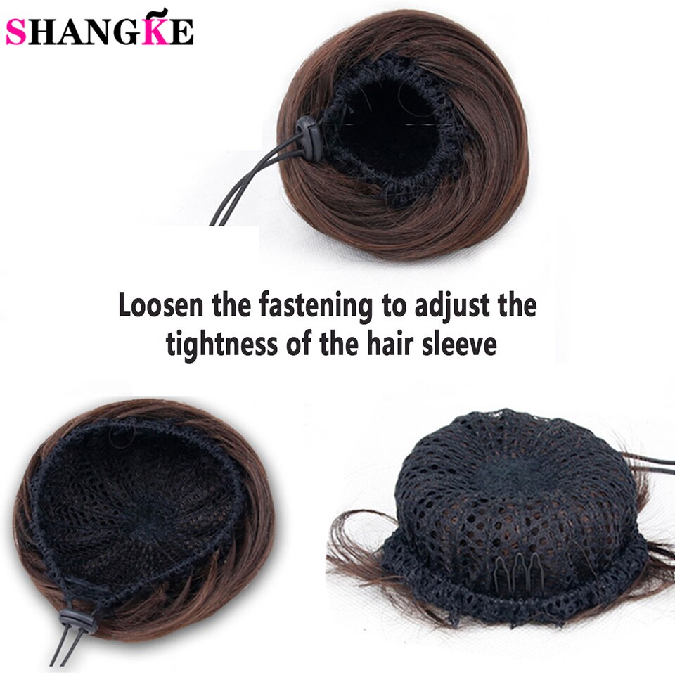 Shangke jenter brunt blondt bollehår chignon syntetisk smultringrulle hårstykker med høy temperatur fiber for kvinner