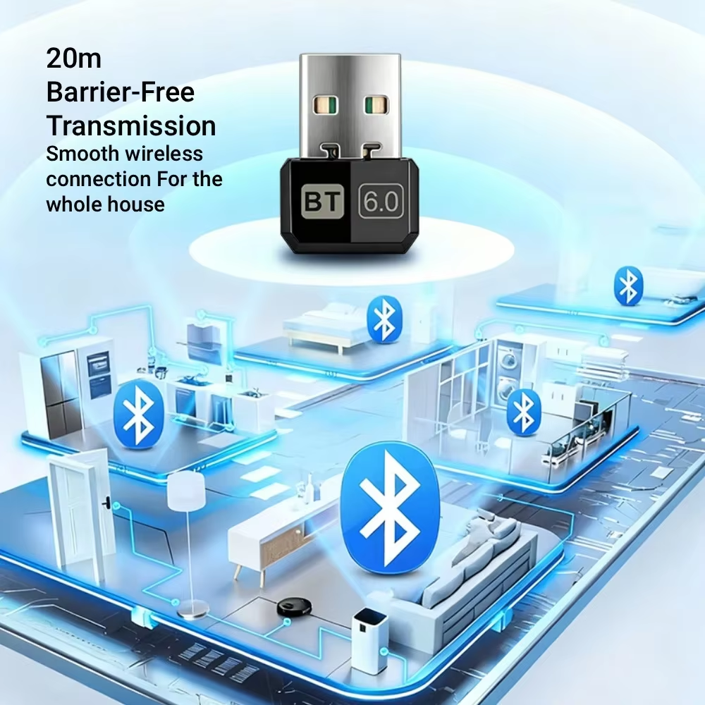 USB Bluetooth Adapter, Bluetooth 6.0 Dongle for PC Windows 11/10/8.1/8/7, Bluetooth Receiver & Transmitter for Keyboard/Mouse